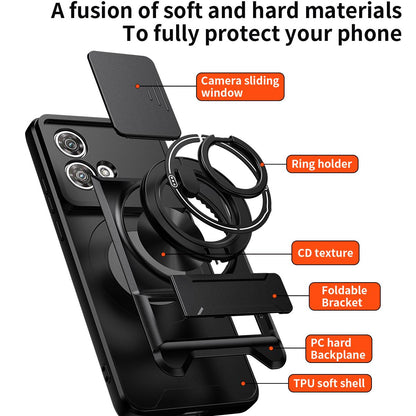 Motorola Edge 40 Neo 5G Multifunctional Magnetic Shockproof Phone Case with Sliding Lens Window Stand Cover