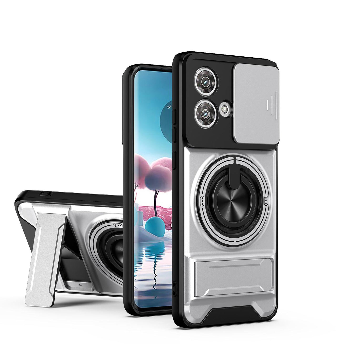 Motorola Edge 40 Neo 5G Multifunctional Magnetic Shockproof Phone Case with Sliding Lens Window Stand Cover