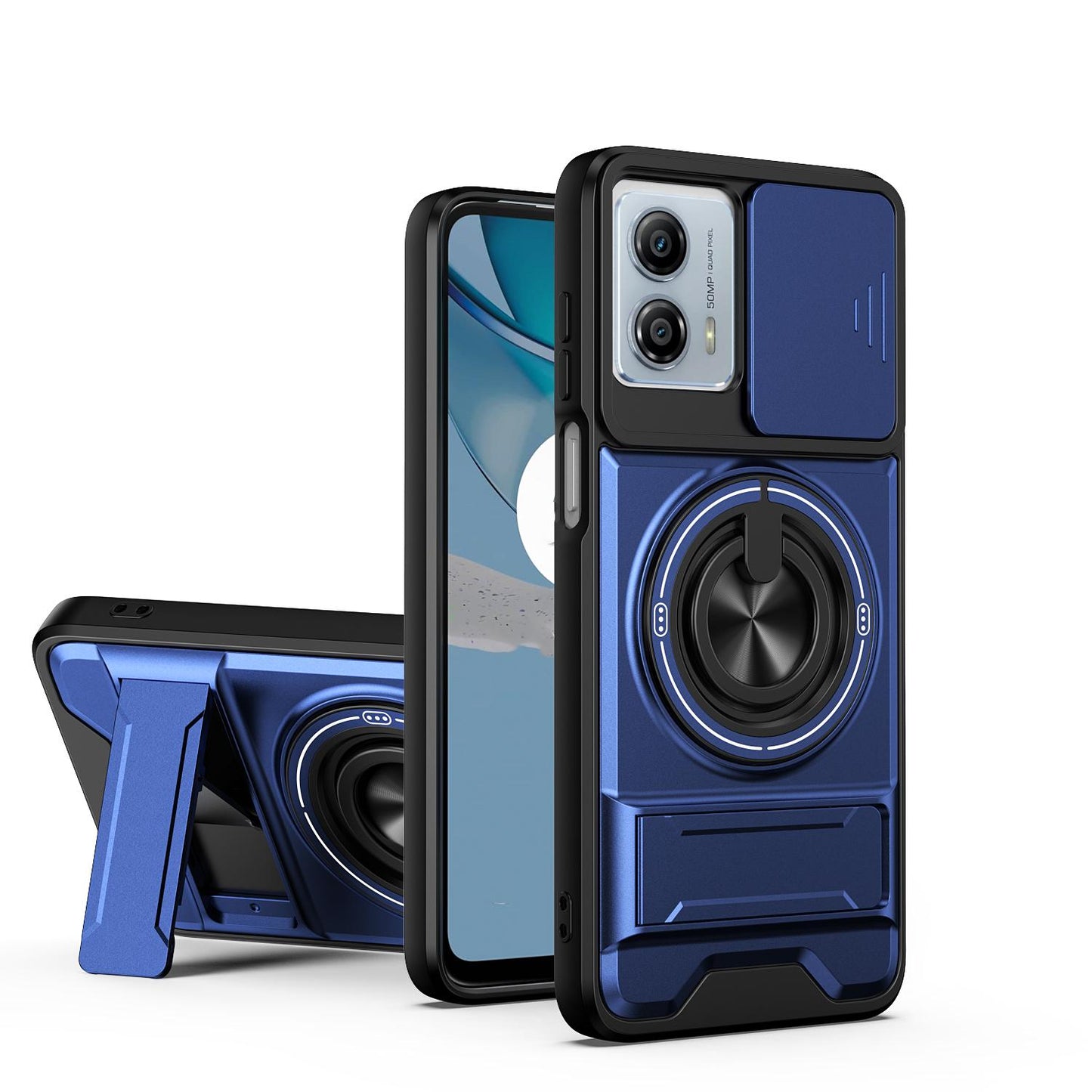 Motorola Moto G53 5G Multifunctional Magnetic Shockproof Phone Case with Sliding Lens Window Stand Cover