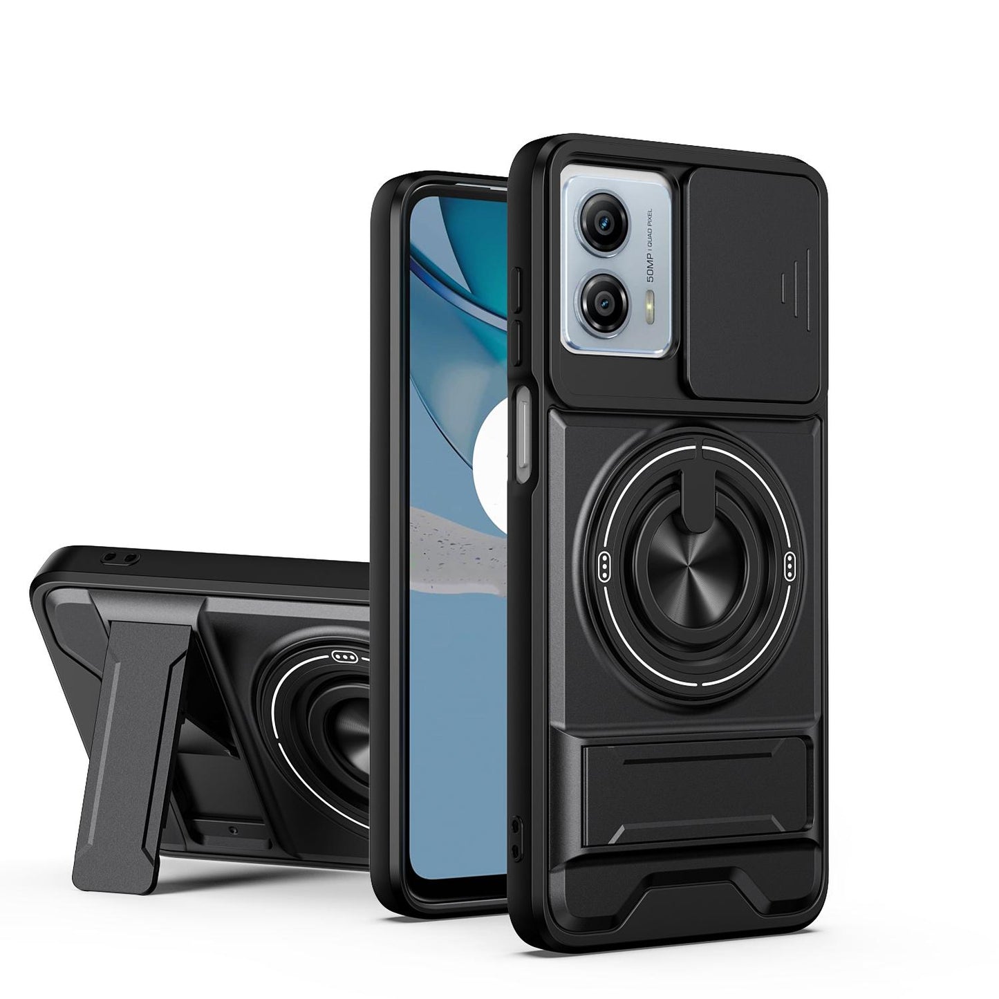 Motorola Moto G53 5G Multifunctional Magnetic Shockproof Phone Case with Sliding Lens Window Stand Cover