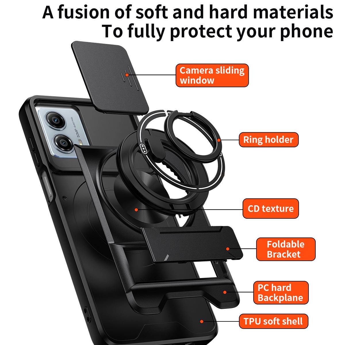 Motorola Moto G53 5G Multifunctional Magnetic Shockproof Phone Case with Sliding Lens Window Stand Cover