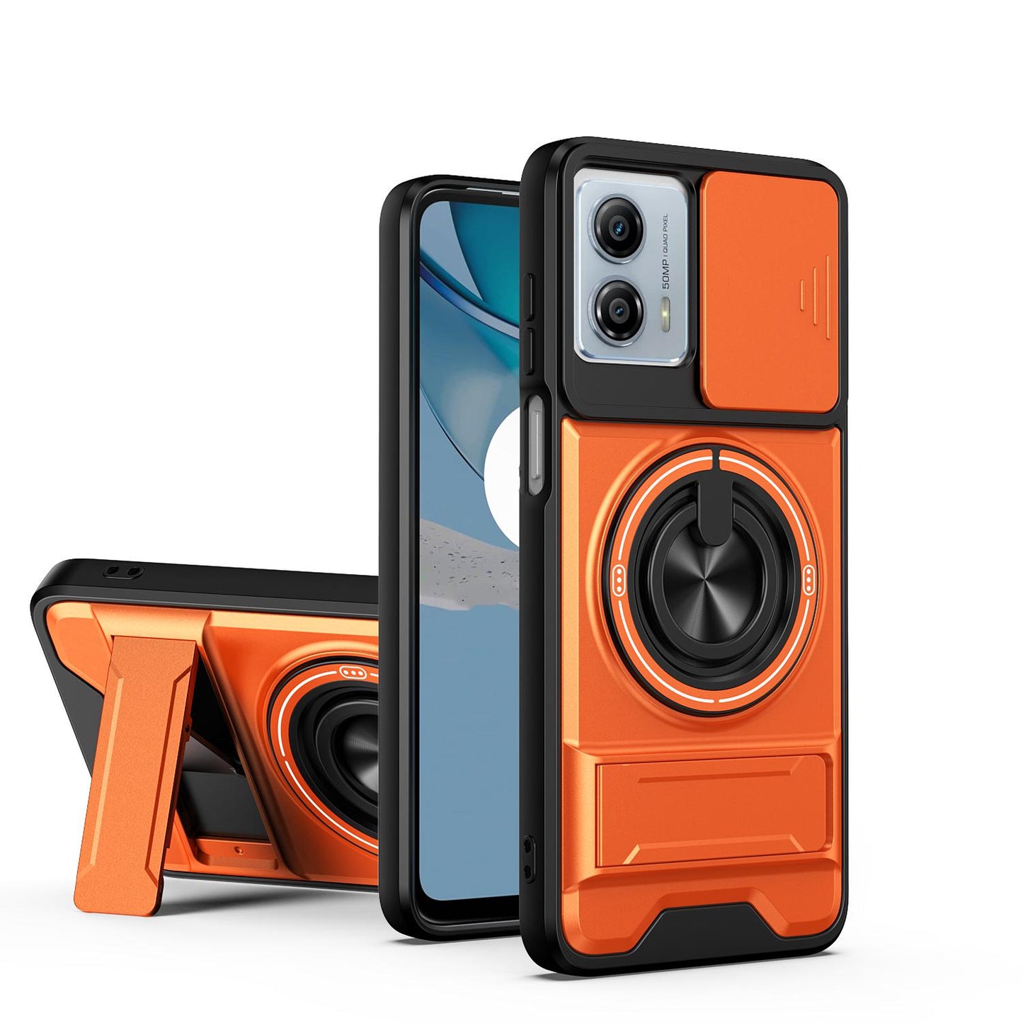 Motorola Moto G53 5G Multifunctional Magnetic Shockproof Phone Case with Sliding Lens Window Stand Cover