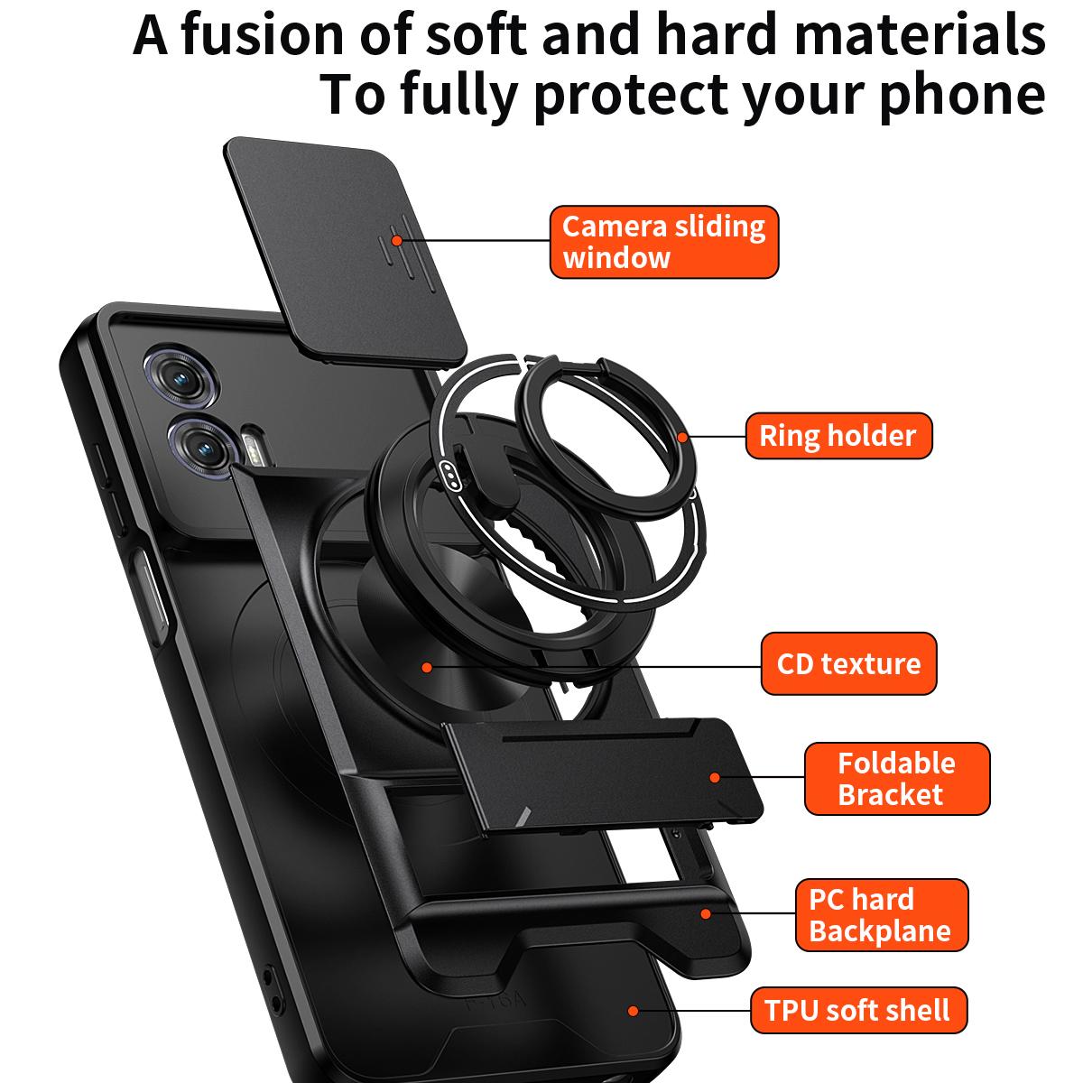 Motorola Moto G73 5G Multifunctional Magnetic Shockproof Phone Case with Sliding Lens Window Stand Cover