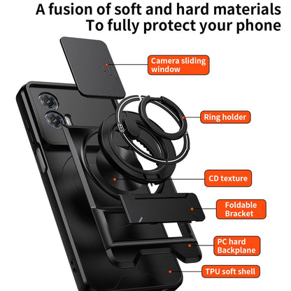 Motorola Moto G73 5G Multifunctional Magnetic Shockproof Phone Case with Sliding Lens Window Stand Cover