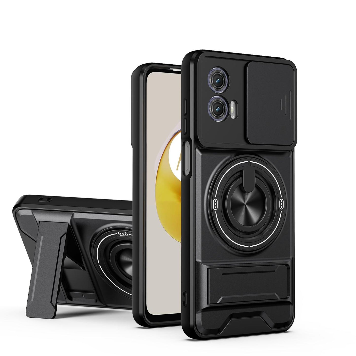 Motorola Moto G73 5G Multifunctional Magnetic Shockproof Phone Case with Sliding Lens Window Stand Cover
