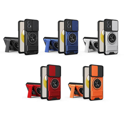 Motorola Moto G73 5G Multifunctional Magnetic Shockproof Phone Case with Sliding Lens Window Stand Cover