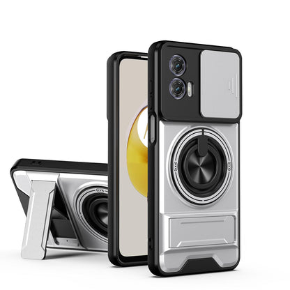 Motorola Moto G73 5G Multifunctional Magnetic Shockproof Phone Case with Sliding Lens Window Stand Cover