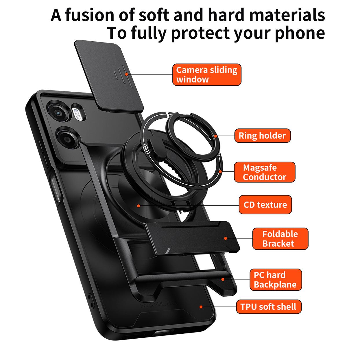 Motorola Moto G05 4G Multifunctional Magnetic Shockproof Phone Case with Sliding Lens Window Stand Cover