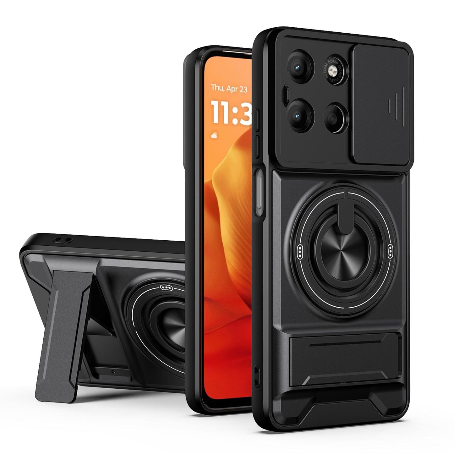Motorola Moto G15 4G Multifunctional Magnetic Shockproof Phone Case with Sliding Lens Window Stand Cover