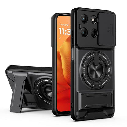 Motorola Moto G15 4G Multifunctional Magnetic Shockproof Phone Case with Sliding Lens Window Stand Cover