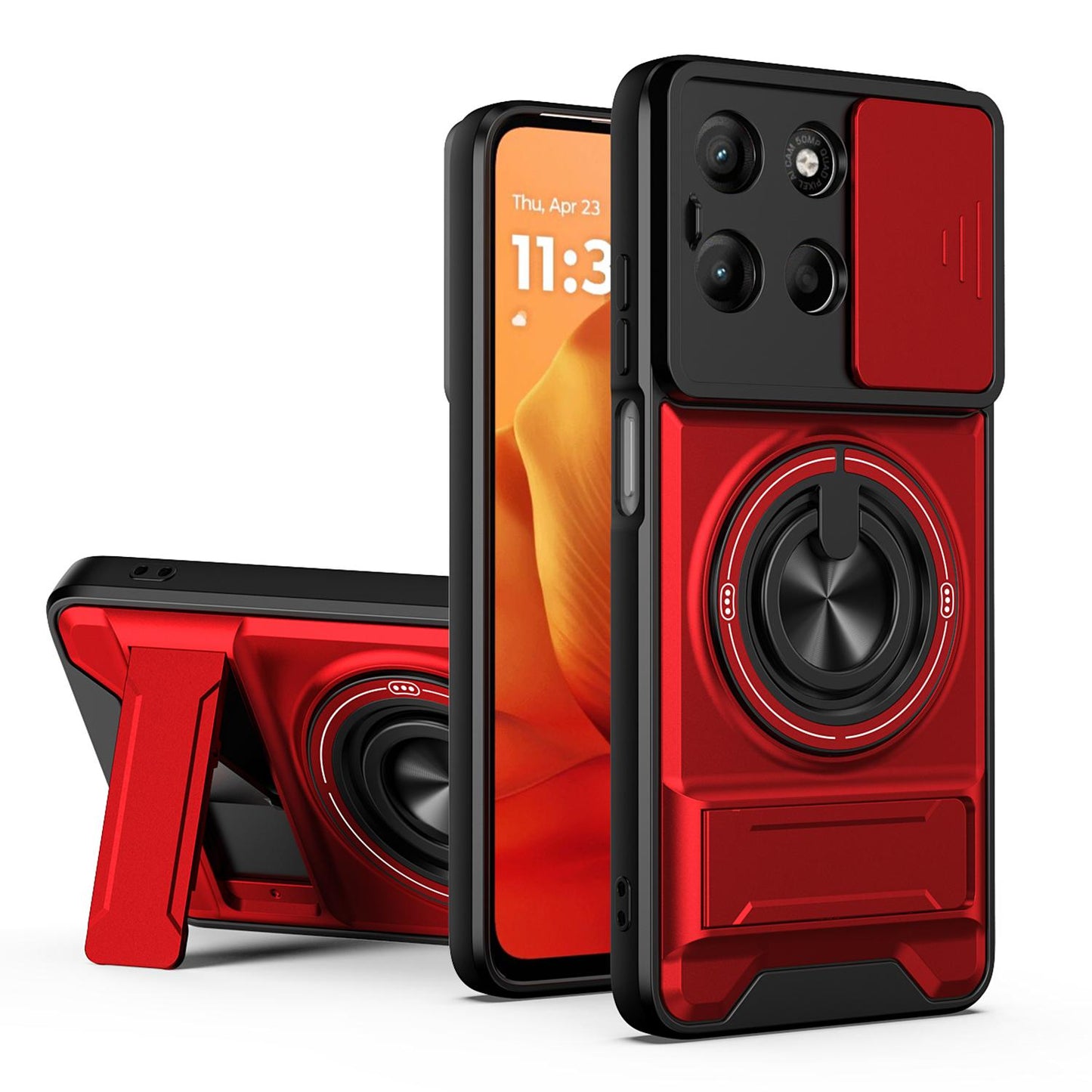Motorola Moto G15 4G Multifunctional Magnetic Shockproof Phone Case with Sliding Lens Window Stand Cover