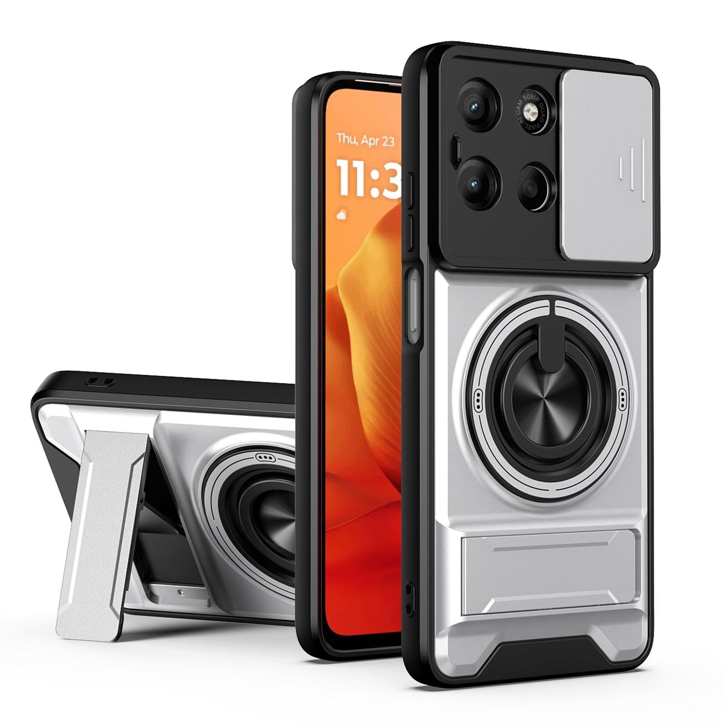 Motorola Moto G15 4G Multifunctional Magnetic Shockproof Phone Case with Sliding Lens Window Stand Cover