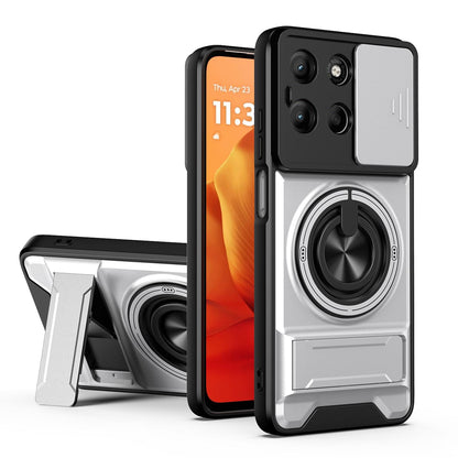 Motorola Moto G15 4G Multifunctional Magnetic Shockproof Phone Case with Sliding Lens Window Stand Cover