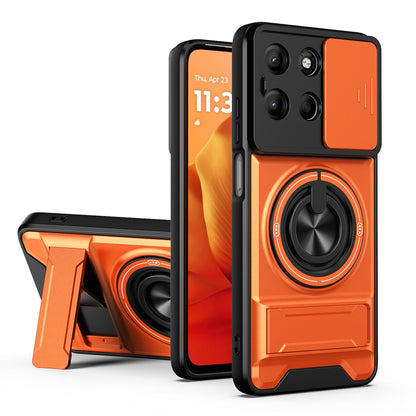 Motorola Moto G15 4G Multifunctional Magnetic Shockproof Phone Case with Sliding Lens Window Stand Cover
