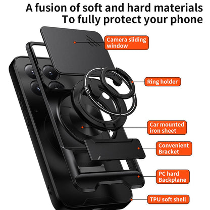 Xiaomi 15T 5G Multifunctional Magnetic Shockproof Phone Case with Sliding Lens Window Stand Cover
