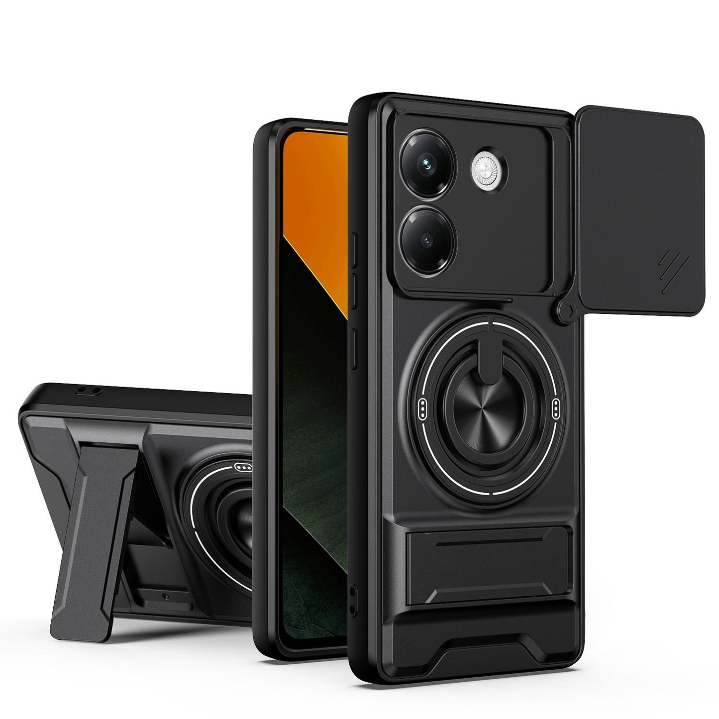 Xiaomi Poco M7 Pro 5G Multifunctional Magnetic Shockproof Phone Case with Sliding Lens Window Stand Cover