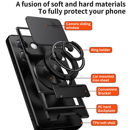 Xiaomi Poco M7 Pro 5G Multifunctional Magnetic Shockproof Phone Case with Sliding Lens Window Stand Cover