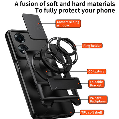 OPPO A58 4G Multifunctional Magnetic Shockproof Phone Case with Sliding Lens Window Stand Cover