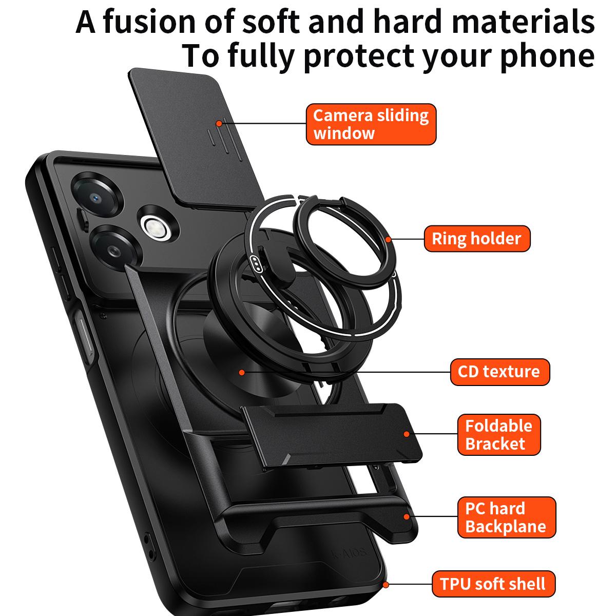 OPPO A3x 5G India Multifunctional Magnetic Shockproof Phone Case with Sliding Lens Window Stand Cover