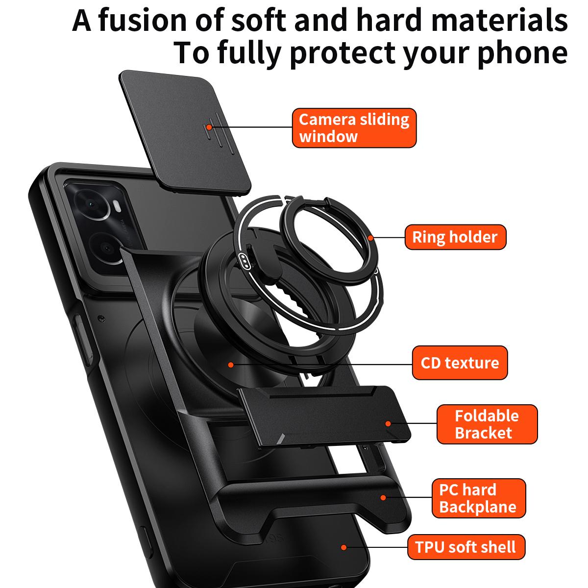 OPPO A76 Multifunctional Magnetic Shockproof Phone Case with Sliding Lens Window Stand Cover