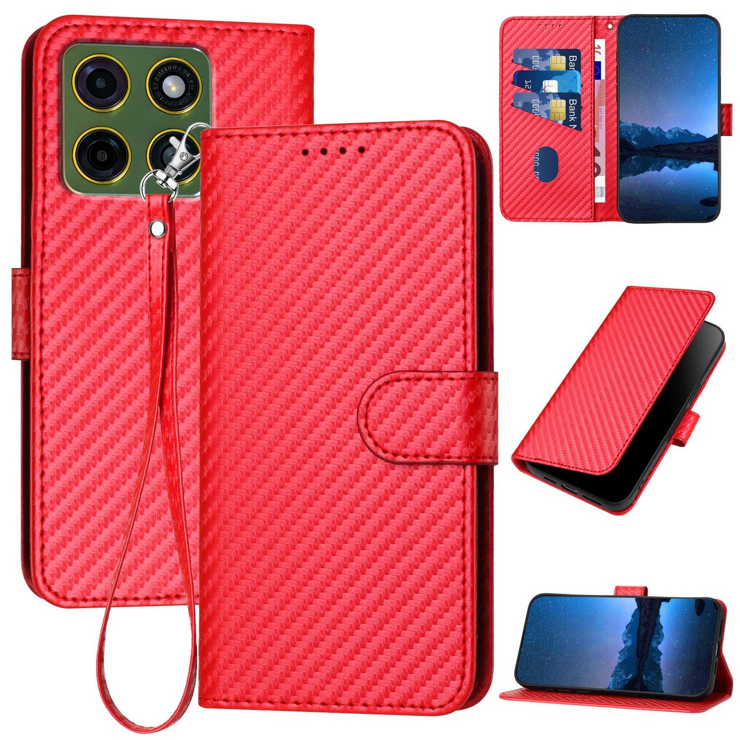 Motorola Moto X70 Air Pro 5G Carbon Fiber Buckle Leather Phone Case with Lanyard, PU Leather TPU Wallet Cover with Card Slot, Cash Compartment, Stand Function & Scratch Protection
