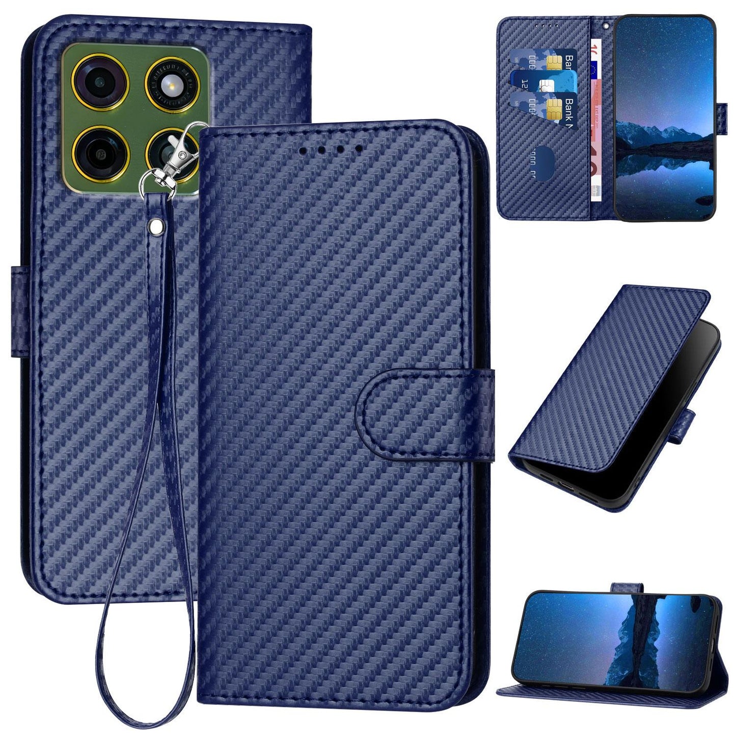 Motorola Moto X70 Air Pro 5G Carbon Fiber Buckle Leather Phone Case with Lanyard, PU Leather TPU Wallet Cover with Card Slot, Cash Compartment, Stand Function & Scratch Protection