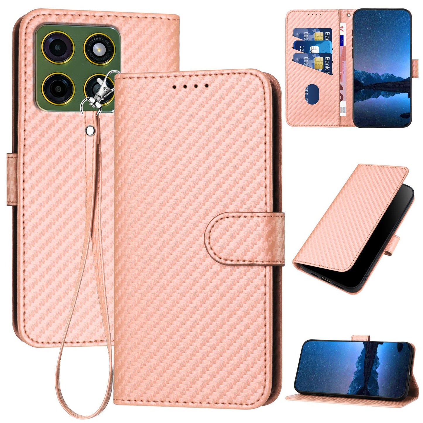 Motorola Moto X70 Air Pro 5G Carbon Fiber Buckle Leather Phone Case with Lanyard, PU Leather TPU Wallet Cover with Card Slot, Cash Compartment, Stand Function & Scratch Protection