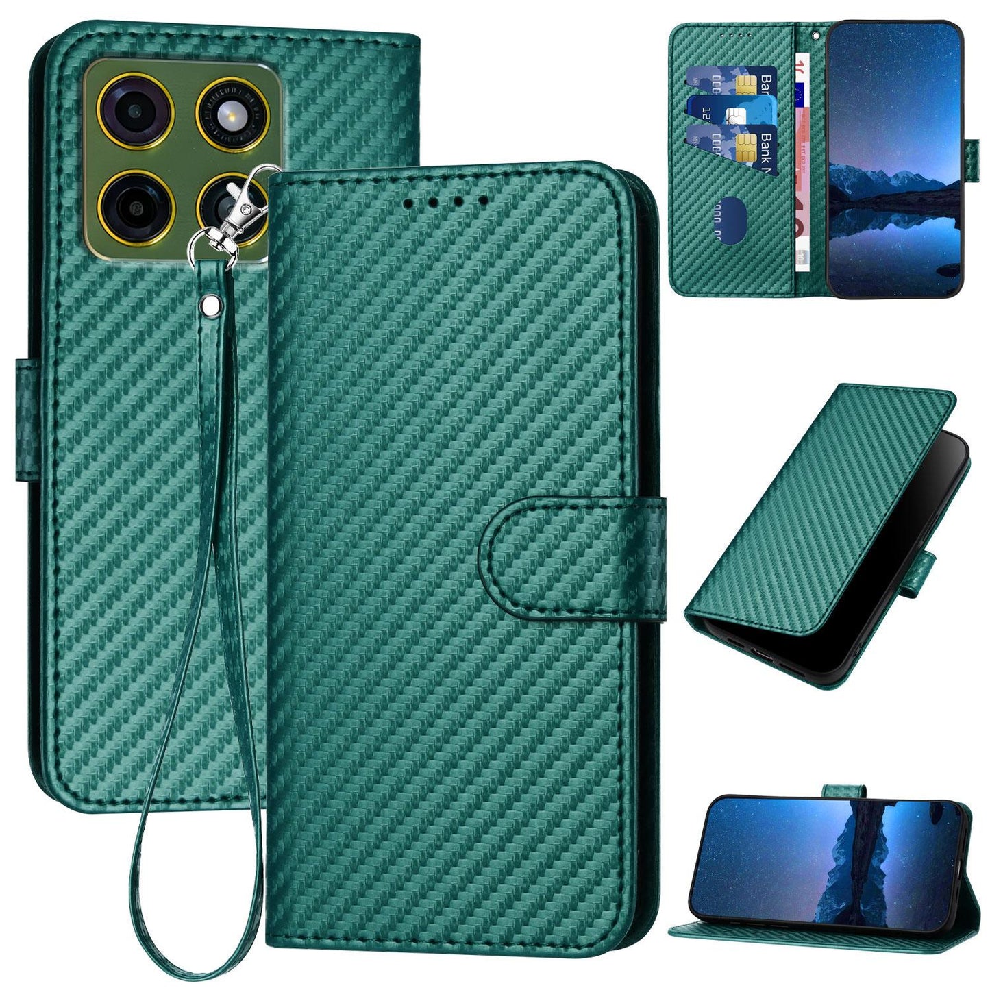 Motorola Moto X70 Air Pro 5G Carbon Fiber Buckle Leather Phone Case with Lanyard, PU Leather TPU Wallet Cover with Card Slot, Cash Compartment, Stand Function & Scratch Protection