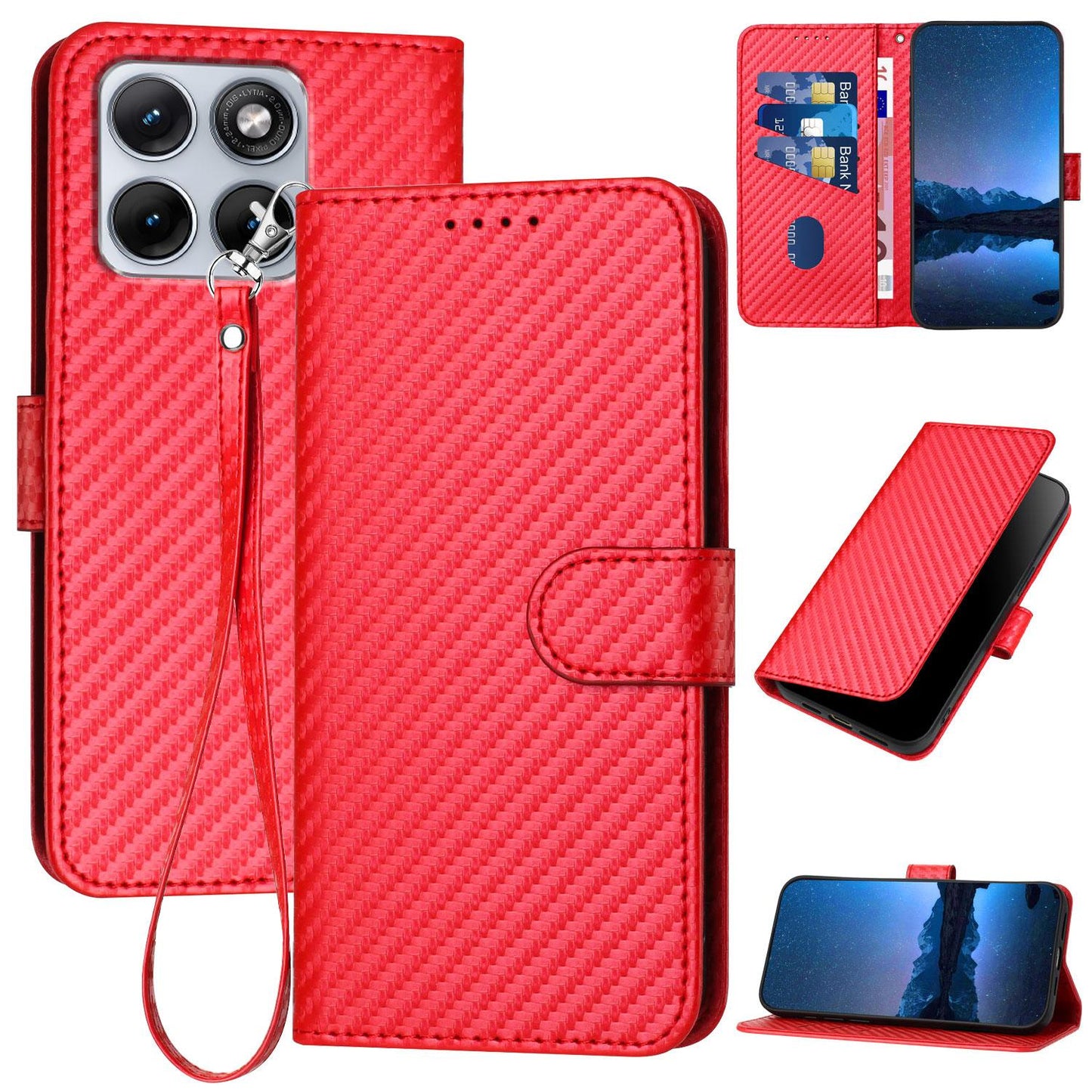 Motorola Edge 70 Fusion 5G Carbon Fiber Buckle Leather Phone Case with Lanyard, PU Leather TPU Wallet Cover with Card Slot, Cash Compartment, Stand Function & Scratch Protection