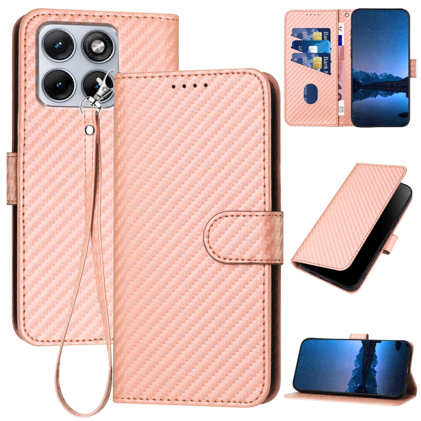 Motorola Edge 70 Fusion 5G Carbon Fiber Buckle Leather Phone Case with Lanyard, PU Leather TPU Wallet Cover with Card Slot, Cash Compartment, Stand Function & Scratch Protection