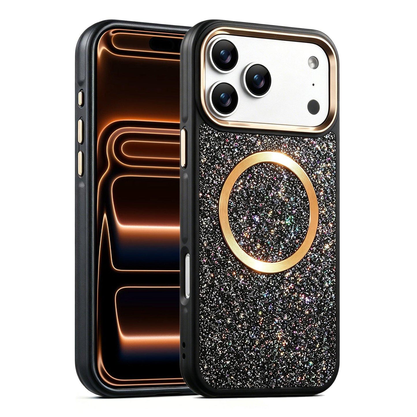 Apple iPhone 17 Pro Glitter Airbag Shockproof Magnetic Phone Case with Luxury Sparkly Finish, Metal Camera Lens Protection, PU & TPU Dual Layer Cover, Magnetic Wireless Charging Compatible, Anti-Drop Protective Bumper