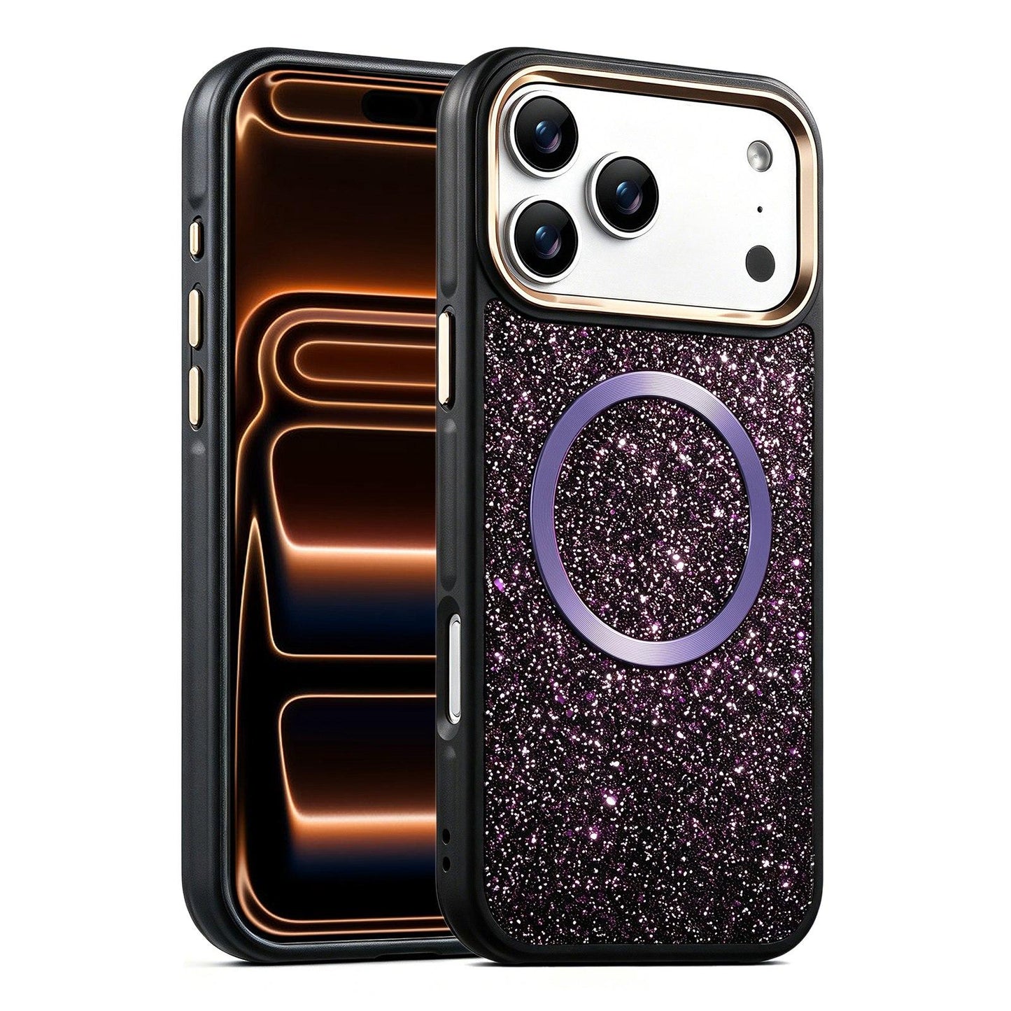 Apple iPhone 17 Pro Glitter Airbag Shockproof Magnetic Phone Case with Luxury Sparkly Finish, Metal Camera Lens Protection, PU & TPU Dual Layer Cover, Magnetic Wireless Charging Compatible, Anti-Drop Protective Bumper