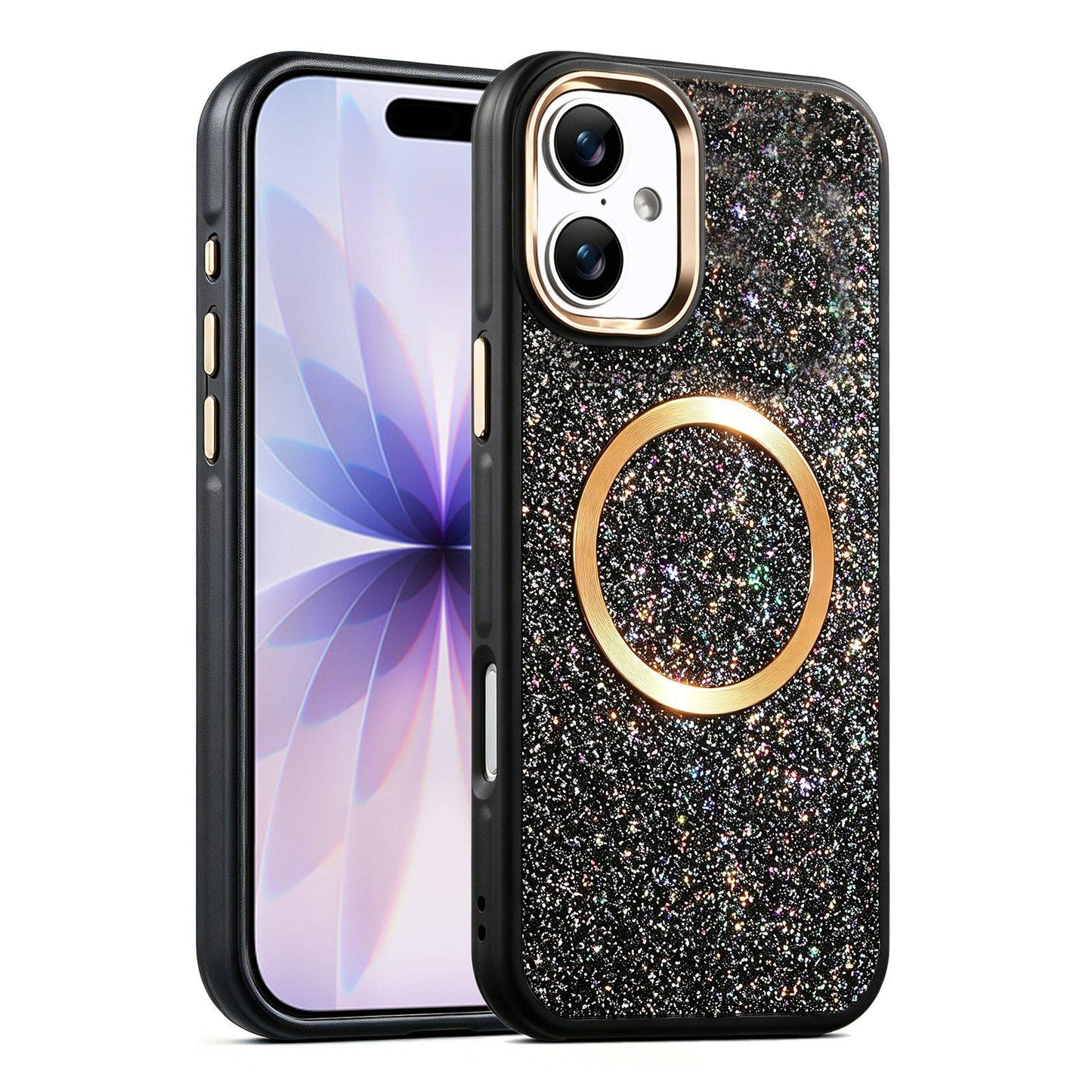 Apple iPhone 17 Glitter Airbag Shockproof Magnetic Phone Case with Luxury Sparkly Finish, Metal Camera Lens Protection, PU & TPU Dual Layer Cover, Magnetic Wireless Charging Compatible, Anti-Drop Protective Bumper