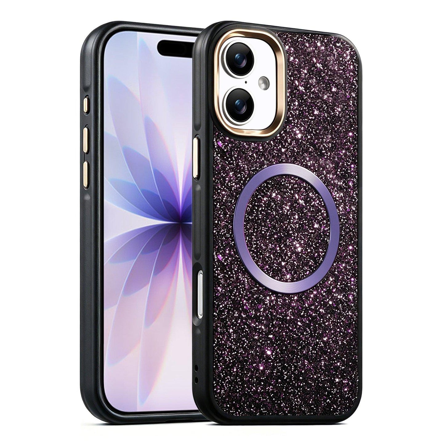 Apple iPhone 17 Glitter Airbag Shockproof Magnetic Phone Case with Luxury Sparkly Finish, Metal Camera Lens Protection, PU & TPU Dual Layer Cover, Magnetic Wireless Charging Compatible, Anti-Drop Protective Bumper