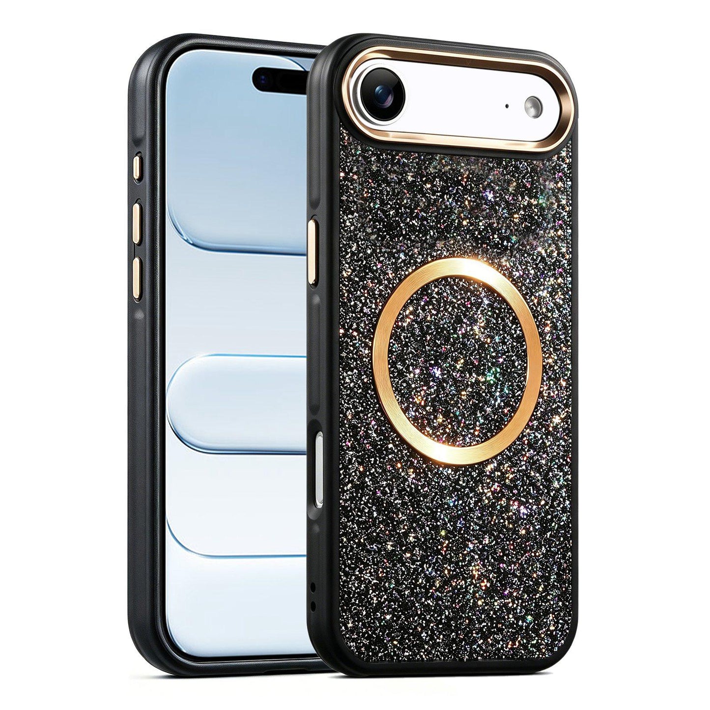 Apple iPhone Air Glitter Airbag Shockproof Magnetic Phone Case with Luxury Sparkly Finish, Metal Camera Lens Protection, PU & TPU Dual Layer Cover, Magnetic Wireless Charging Compatible, Anti-Drop Protective Bumper