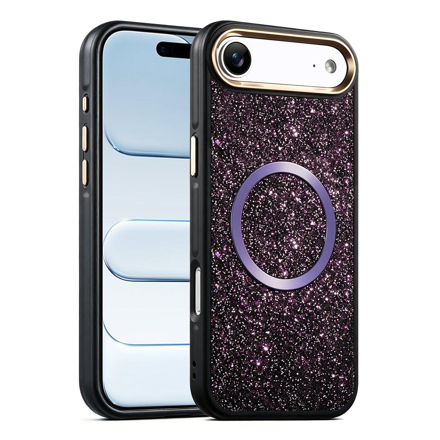 Apple iPhone Air Glitter Airbag Shockproof Magnetic Phone Case with Luxury Sparkly Finish, Metal Camera Lens Protection, PU & TPU Dual Layer Cover, Magnetic Wireless Charging Compatible, Anti-Drop Protective Bumper