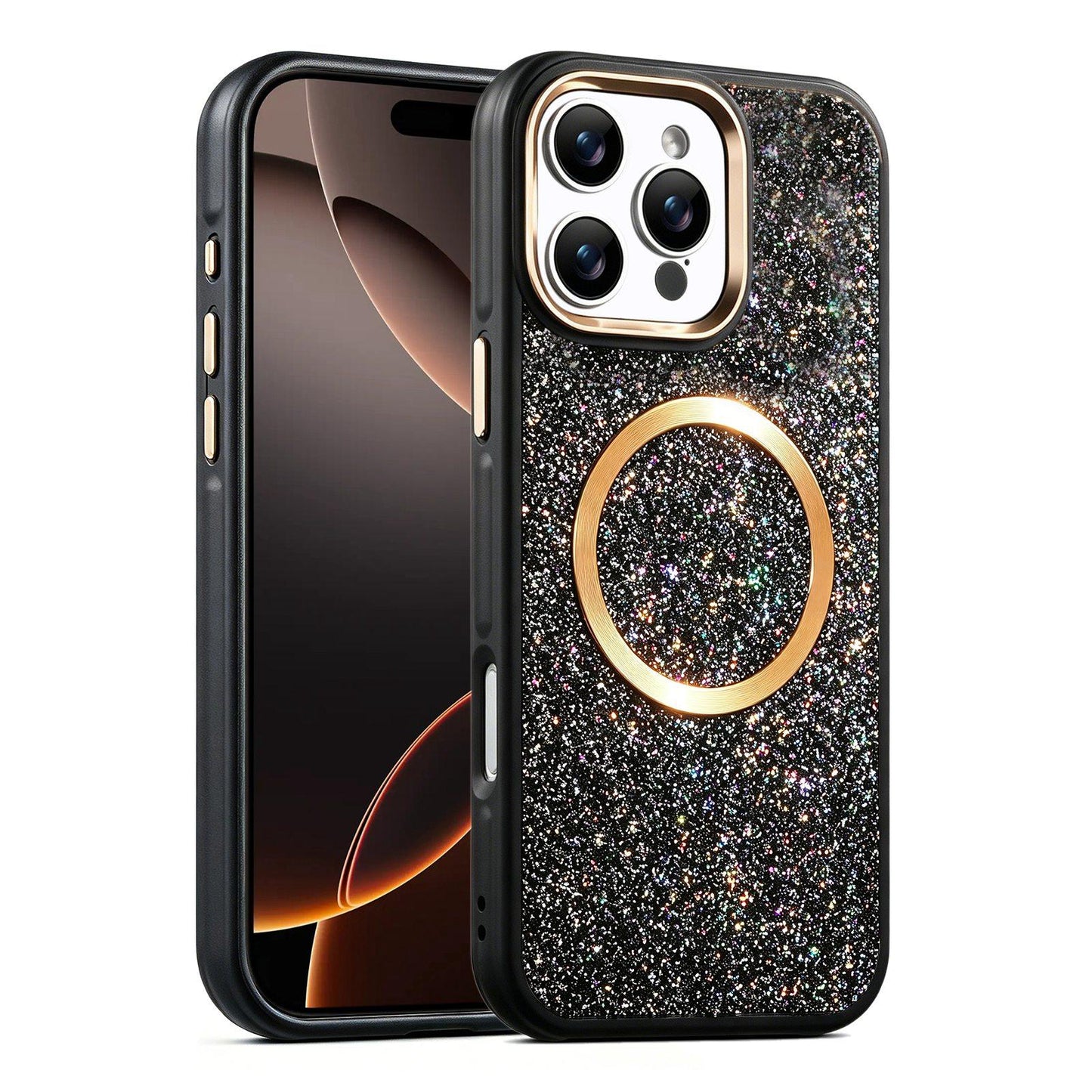 Apple iPhone 16 Pro Max Glitter Airbag Shockproof Magnetic Phone Case with Luxury Sparkly Finish, Metal Camera Lens Protection, PU & TPU Dual Layer Cover, Magnetic Wireless Charging Compatible, Anti-Drop Protective Bumper