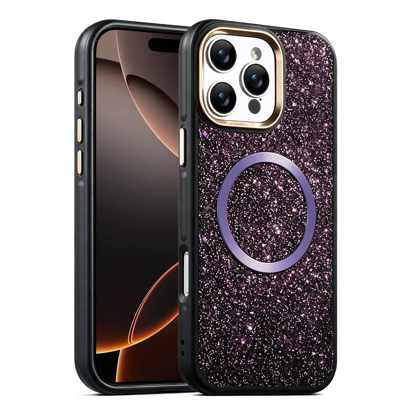 Apple iPhone 16 Pro Max Glitter Airbag Shockproof Magnetic Phone Case with Luxury Sparkly Finish, Metal Camera Lens Protection, PU & TPU Dual Layer Cover, Magnetic Wireless Charging Compatible, Anti-Drop Protective Bumper
