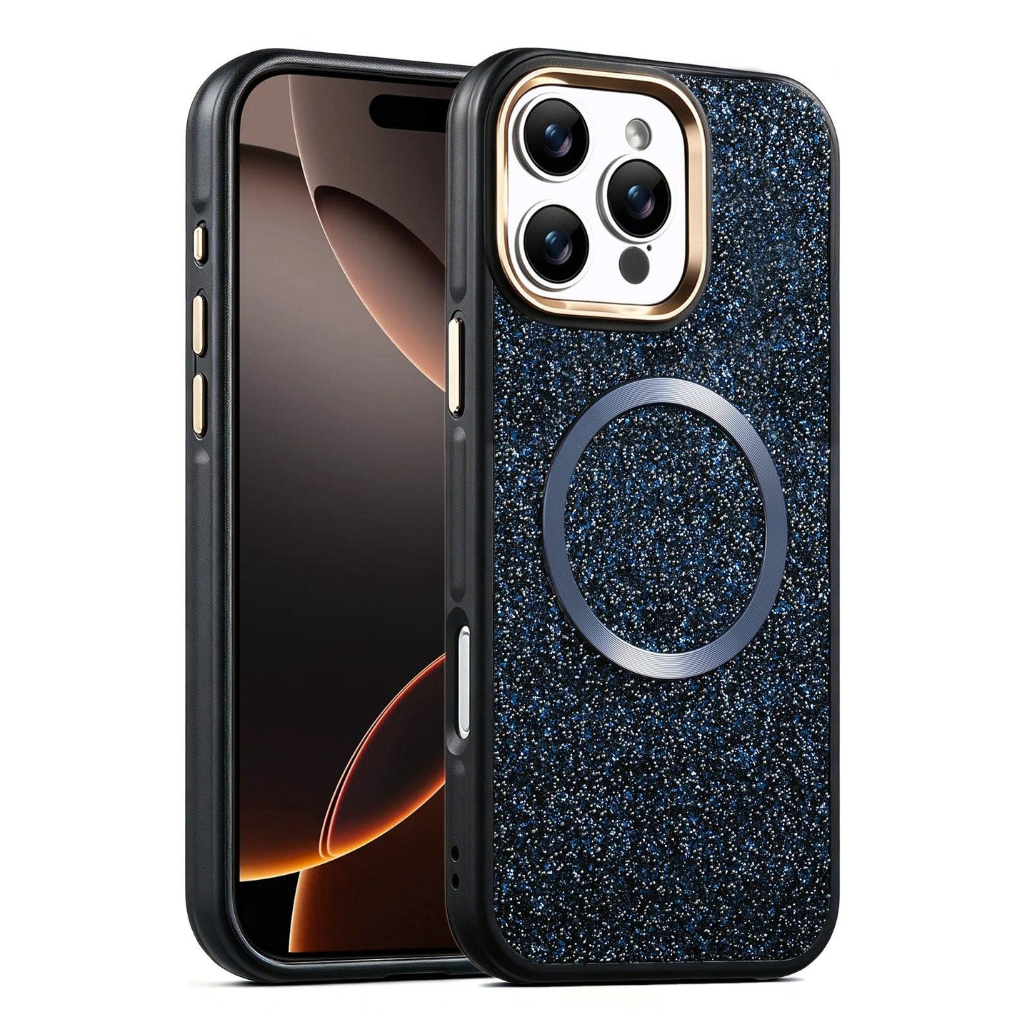 Apple iPhone 16 Pro Max Glitter Airbag Shockproof Magnetic Phone Case with Luxury Sparkly Finish, Metal Camera Lens Protection, PU & TPU Dual Layer Cover, Magnetic Wireless Charging Compatible, Anti-Drop Protective Bumper
