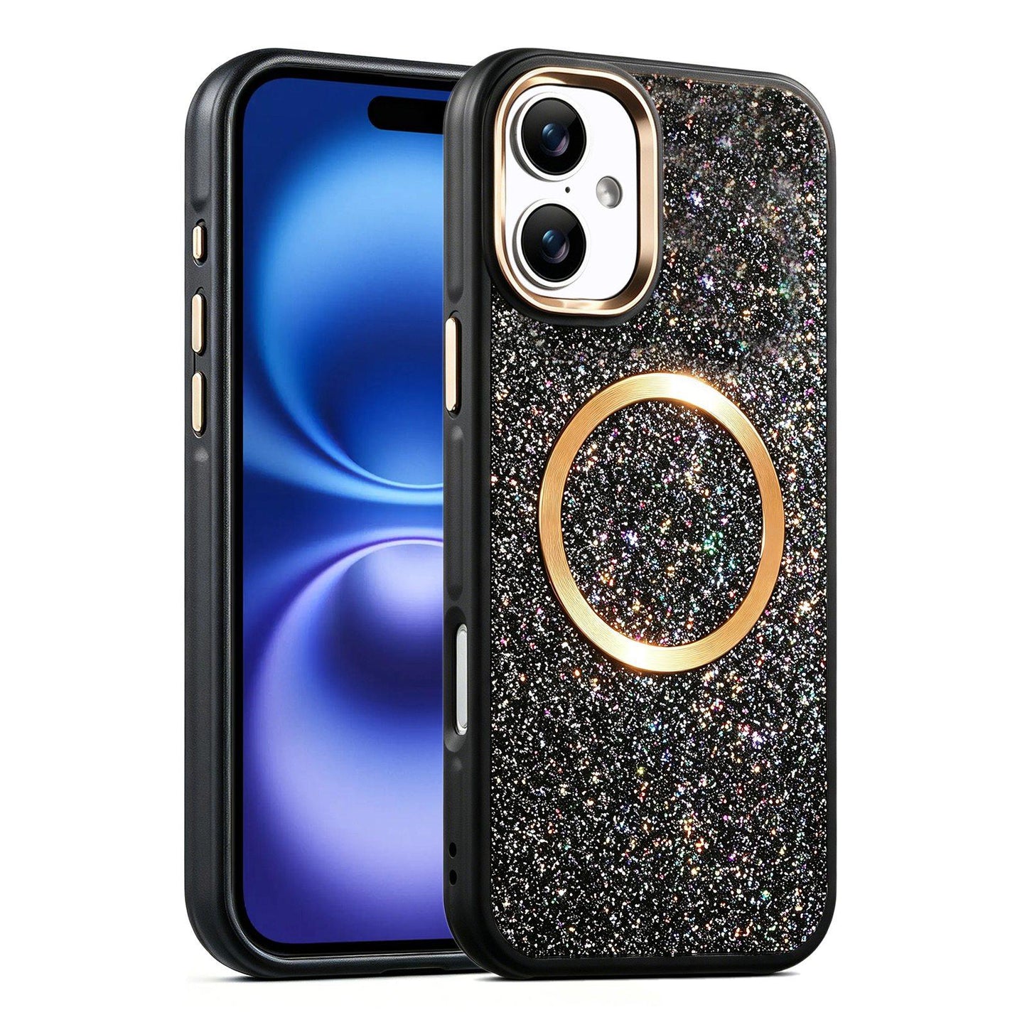Apple iPhone 16 Glitter Airbag Shockproof Magnetic Phone Case with Luxury Sparkly Finish, Metal Camera Lens Protection, PU & TPU Dual Layer Cover, Magnetic Wireless Charging Compatible, Anti-Drop Protective Bumper