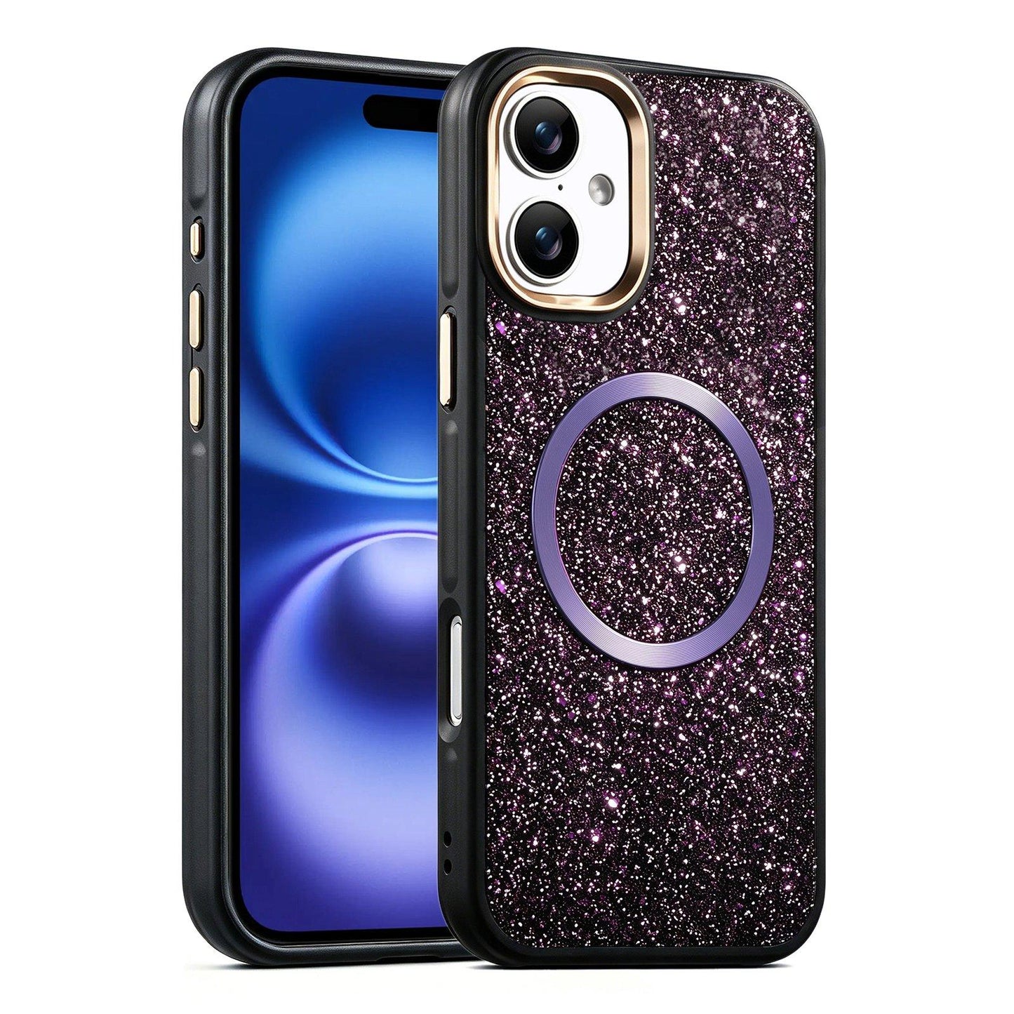 Apple iPhone 16 Glitter Airbag Shockproof Magnetic Phone Case with Luxury Sparkly Finish, Metal Camera Lens Protection, PU & TPU Dual Layer Cover, Magnetic Wireless Charging Compatible, Anti-Drop Protective Bumper