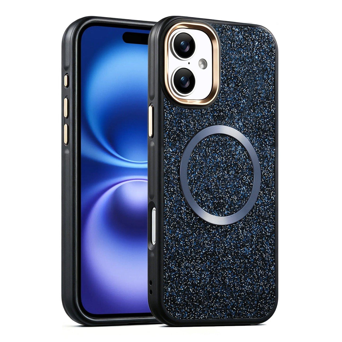 Apple iPhone 16 Glitter Airbag Shockproof Magnetic Phone Case with Luxury Sparkly Finish, Metal Camera Lens Protection, PU & TPU Dual Layer Cover, Magnetic Wireless Charging Compatible, Anti-Drop Protective Bumper