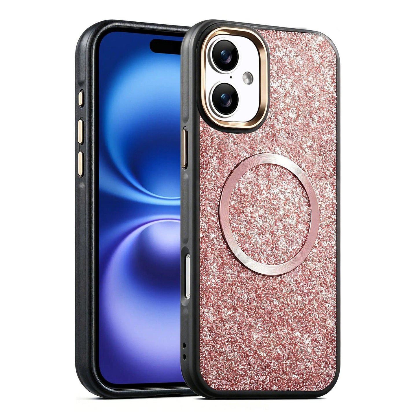 Apple iPhone 16 Glitter Airbag Shockproof Magnetic Phone Case with Luxury Sparkly Finish, Metal Camera Lens Protection, PU & TPU Dual Layer Cover, Magnetic Wireless Charging Compatible, Anti-Drop Protective Bumper