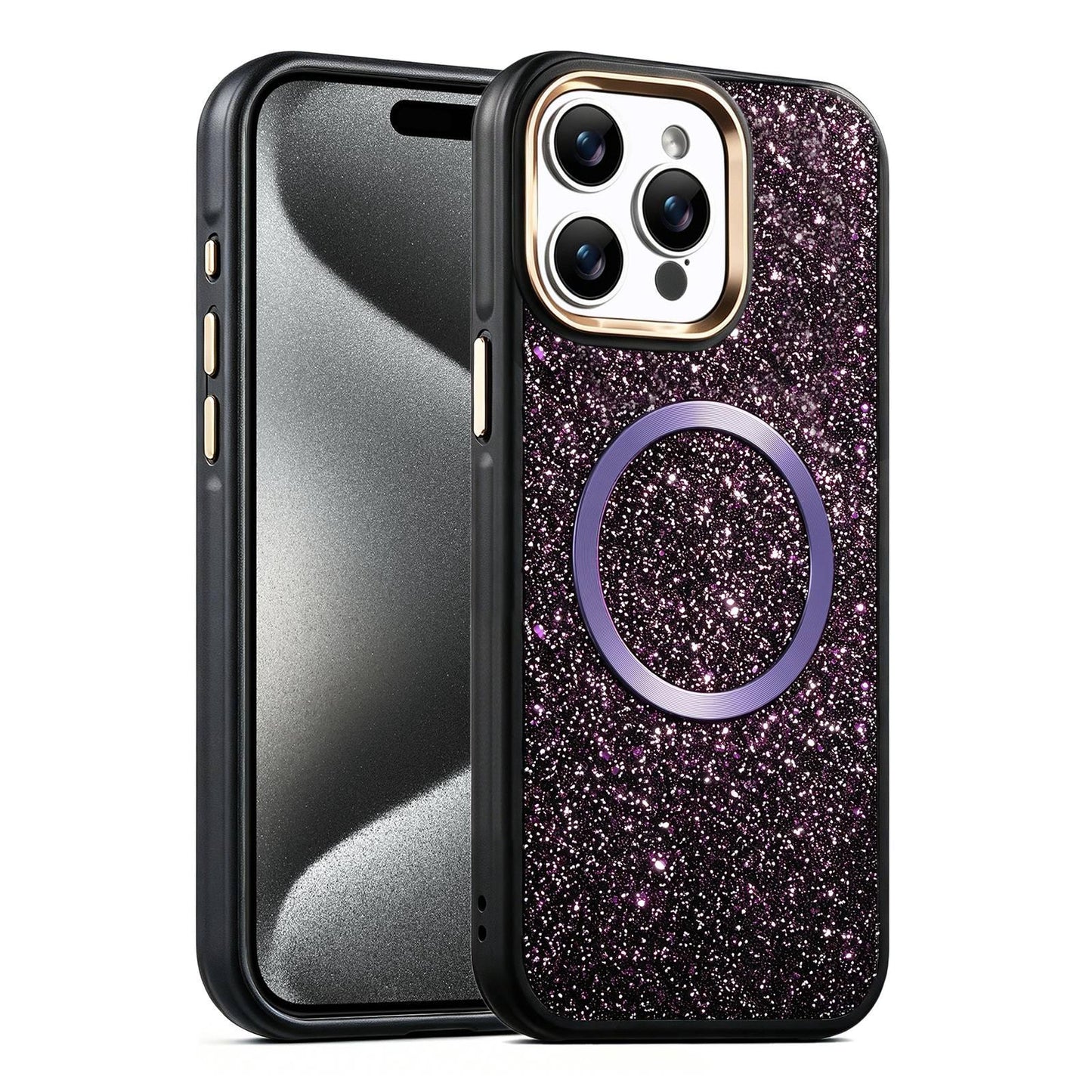 Apple iPhone 15 Pro Max Glitter Airbag Shockproof Magnetic Phone Case with Luxury Sparkly Finish, Metal Camera Lens Protection, PU & TPU Dual Layer Cover, Magnetic Wireless Charging Compatible, Anti-Drop Protective Bumper