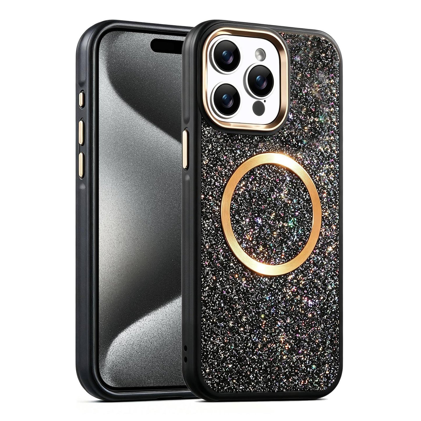 Apple iPhone 15 Pro Glitter Airbag Shockproof Magnetic Phone Case with Luxury Sparkly Finish, Metal Camera Lens Protection, PU & TPU Dual Layer Cover, Magnetic Wireless Charging Compatible, Anti-Drop Protective Bumper