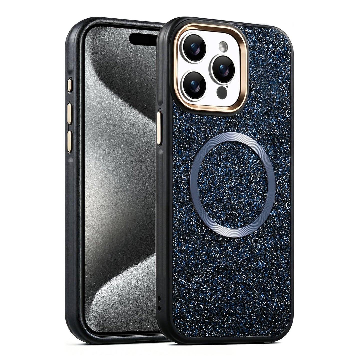 Apple iPhone 15 Pro Glitter Airbag Shockproof Magnetic Phone Case with Luxury Sparkly Finish, Metal Camera Lens Protection, PU & TPU Dual Layer Cover, Magnetic Wireless Charging Compatible, Anti-Drop Protective Bumper