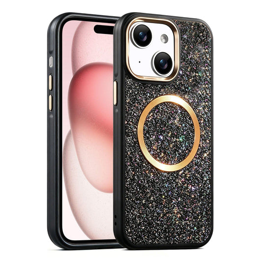 Apple iPhone 15 Glitter Airbag Shockproof Magnetic Phone Case with Luxury Sparkly Finish, Metal Camera Lens Protection, PU & TPU Dual Layer Cover, Magnetic Wireless Charging Compatible, Anti-Drop Protective Bumper