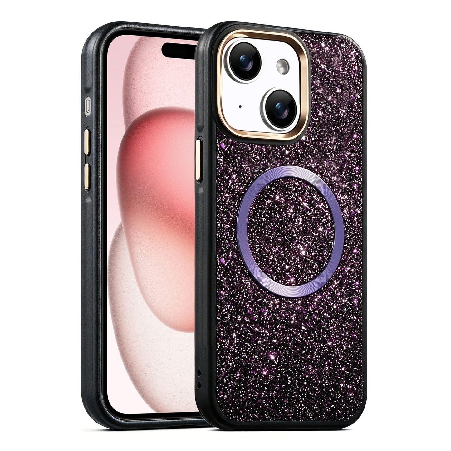 Apple iPhone 15 Glitter Airbag Shockproof Magnetic Phone Case with Luxury Sparkly Finish, Metal Camera Lens Protection, PU & TPU Dual Layer Cover, Magnetic Wireless Charging Compatible, Anti-Drop Protective Bumper