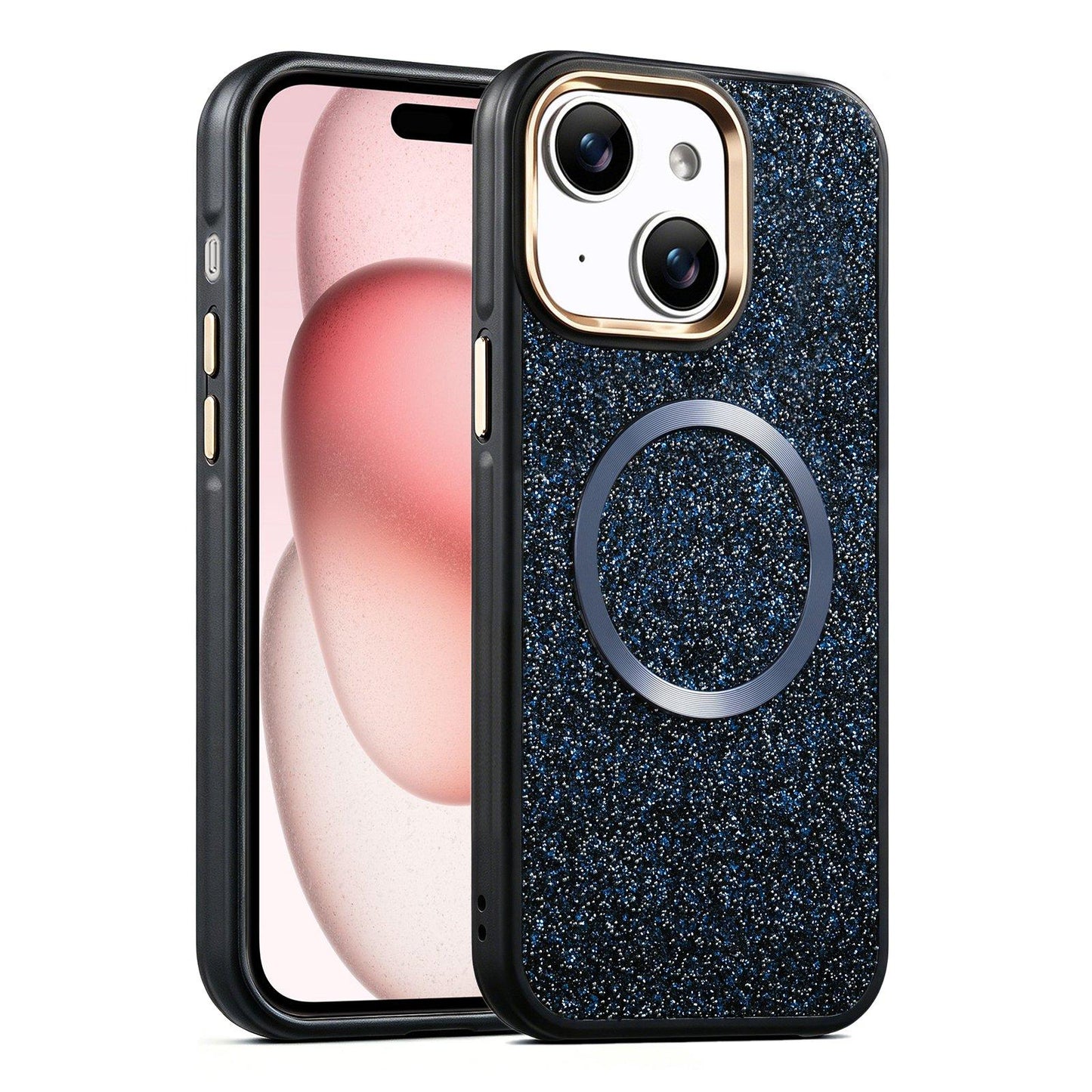 Apple iPhone 15 Glitter Airbag Shockproof Magnetic Phone Case with Luxury Sparkly Finish, Metal Camera Lens Protection, PU & TPU Dual Layer Cover, Magnetic Wireless Charging Compatible, Anti-Drop Protective Bumper