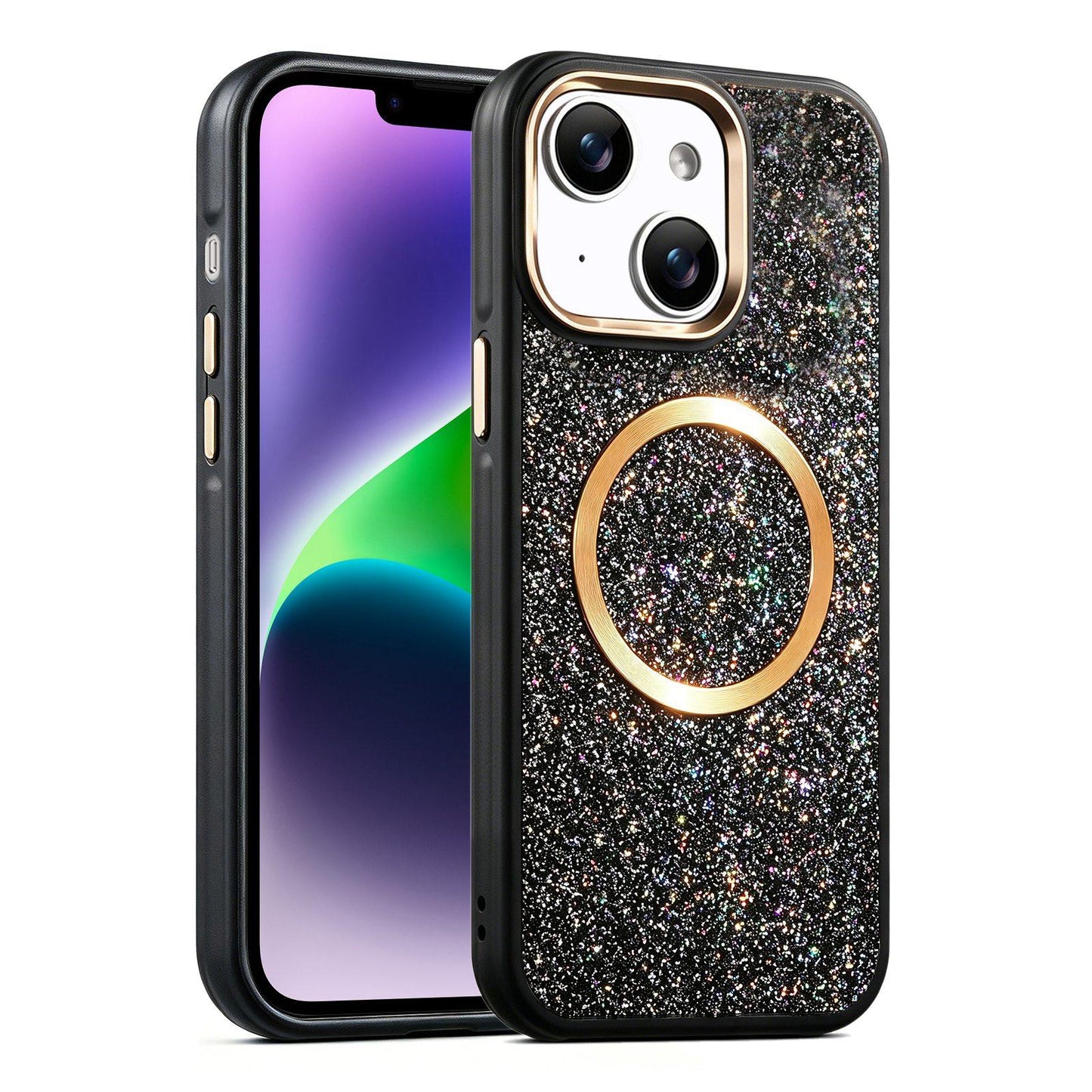 Apple iPhone 13 Glitter Airbag Shockproof Magnetic Phone Case with Luxury Sparkly Finish, Metal Camera Lens Protection, PU & TPU Dual Layer Cover, Magnetic Wireless Charging Compatible, Anti-Drop Protective Bumper